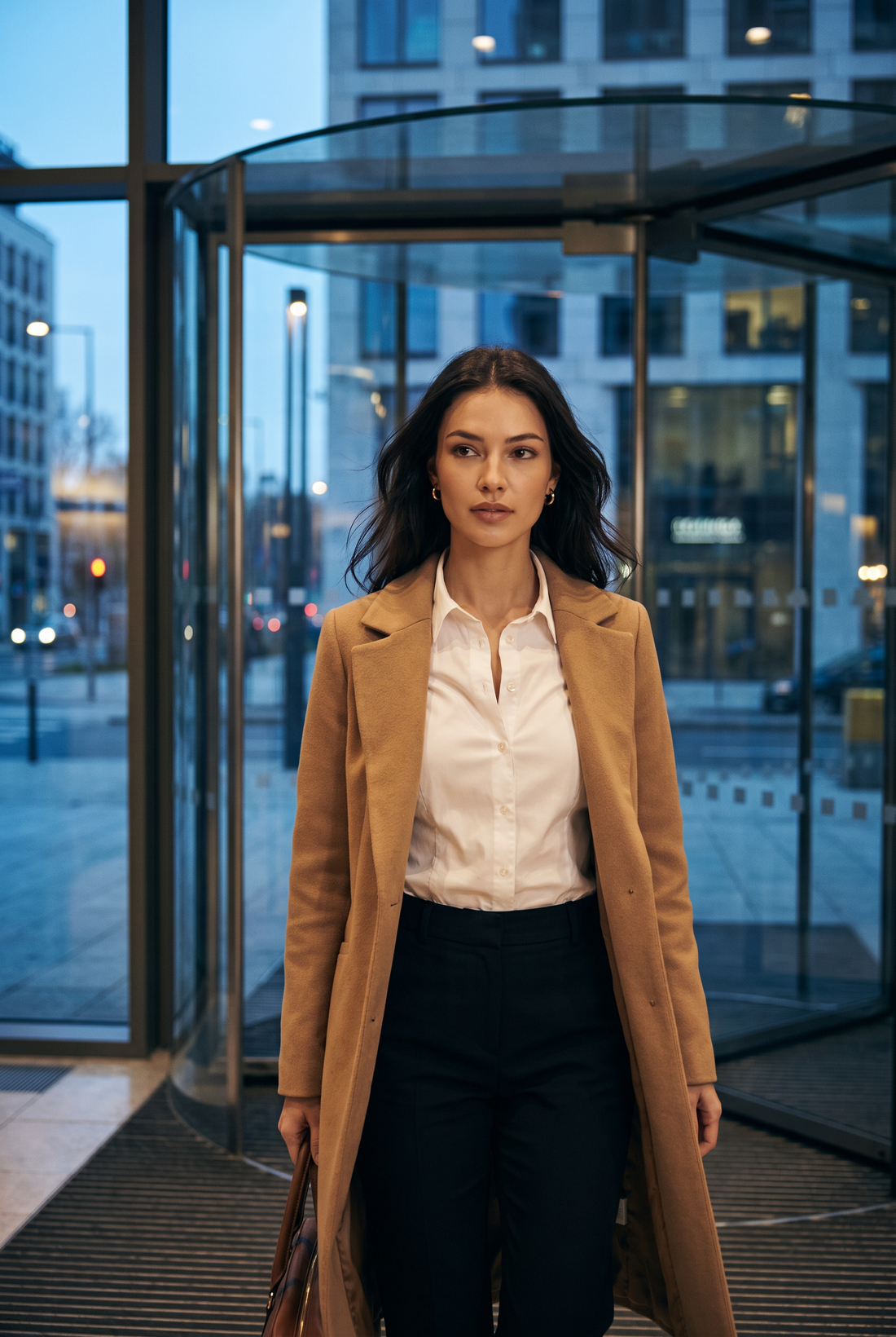 Leaving the office at dusk in a camel coat