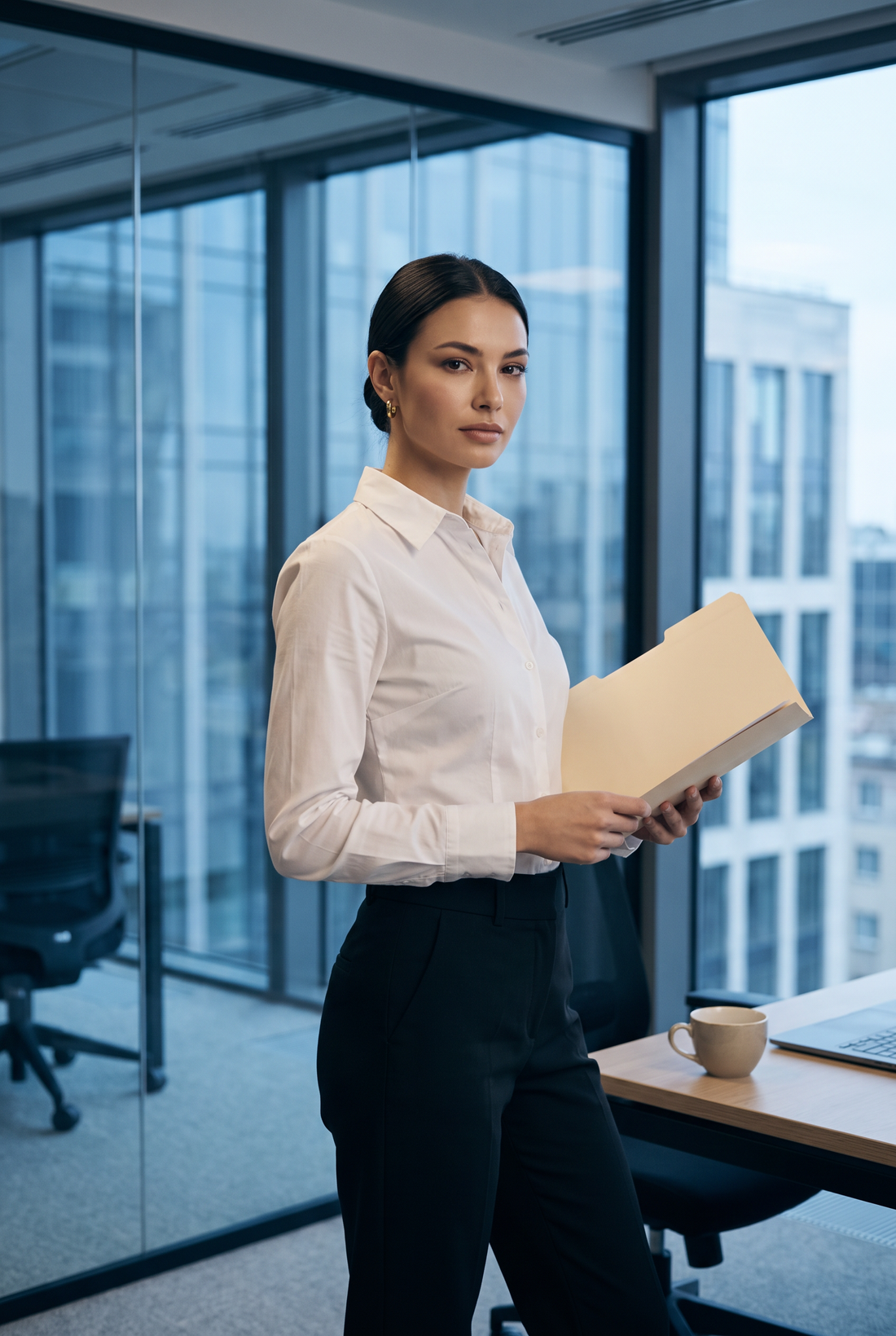 At her desk in the morning, white shirt, coffee in hand